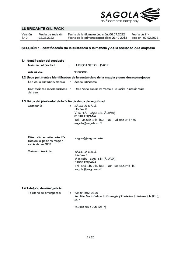 Ficha seguridad Lubricante Oil Pack